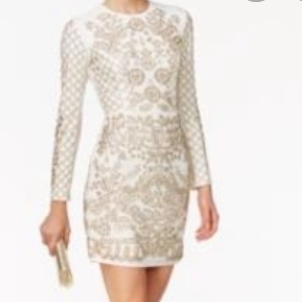Xscape White and Gold Embellished Mini Dress